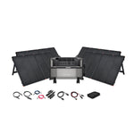 The Ecoflow portable solar power station kit includes four foldable panels, a central unit for off-grid systems, connecting cables, a digital control display, and an accessory pouch—all displayed on a white background.