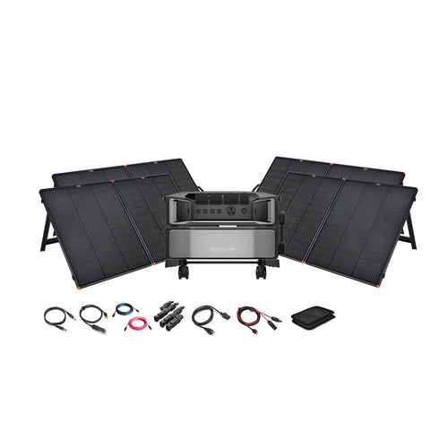 The Ecoflow portable solar power station kit includes four foldable panels, a central unit for off-grid systems, connecting cables, a digital control display, and an accessory pouch—all displayed on a white background.