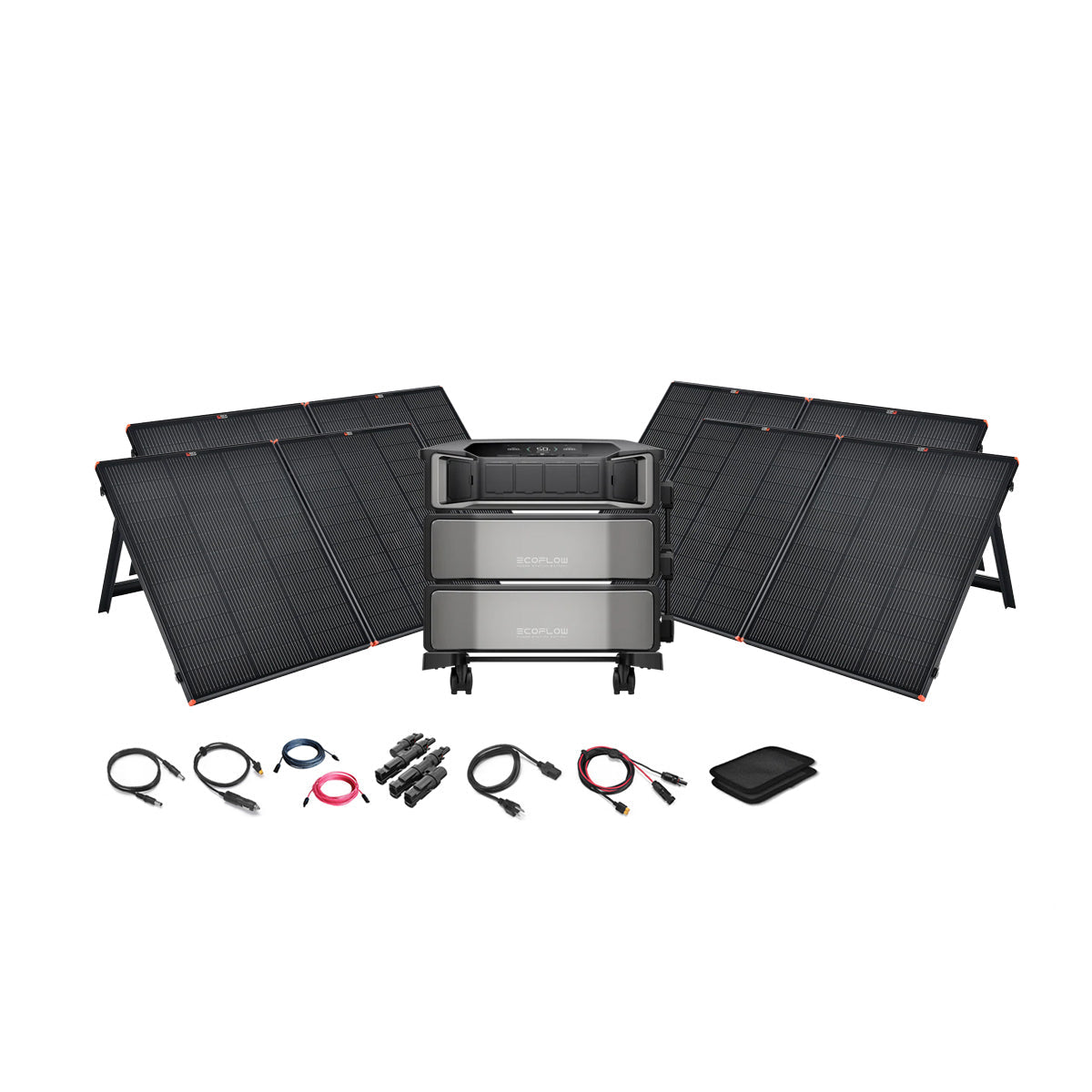 An Ecoflow DELTA Pro Ultra portable solar power station kit with three stacked batteries, four foldable solar panels, digital control panel, charging cables, adapters, and a carrying pouch is shown on a white background.