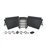 The Ecoflow portable solar power station kit includes four foldable solar panels, a central power station, assorted cables and connectors, an LCD display, and a carrying pouch—all arranged on a white background for complete off-grid power.