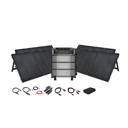 The Ecoflow portable solar power station kit includes four foldable solar panels, a central power station, assorted cables and connectors, an LCD display, and a carrying pouch—all arranged on a white background for complete off-grid power.