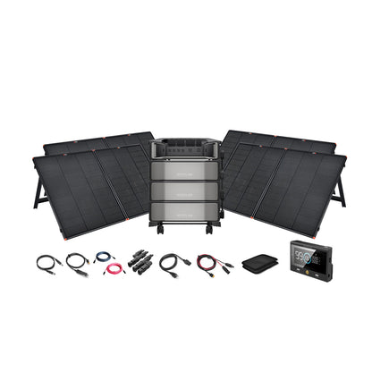 The Ecoflow portable solar power station kit includes four foldable solar panels, a central power station, assorted cables and connectors, an LCD display, and a carrying pouch—all arranged on a white background for complete off-grid power.