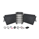 The EcoFlow DELTA Pro Ultra 7,200W 24,000Wh Portable Power Station + 12V Portable Solar Panels Kit by Ecoflow includes foldable panels, a high-capacity battery unit, cables, controller with display, and pouch—perfect for backup or off-grid power.