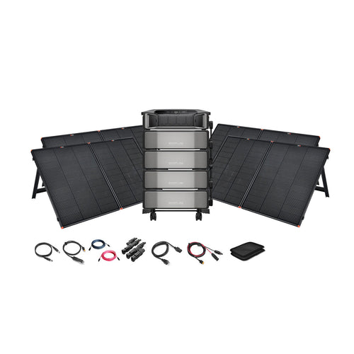 The EcoFlow DELTA Pro Ultra 7,200W 24,000Wh Portable Power Station + 12V Portable Solar Panels Kit by Ecoflow includes foldable panels, a high-capacity battery unit, cables, controller with display, and pouch—perfect for backup or off-grid power.