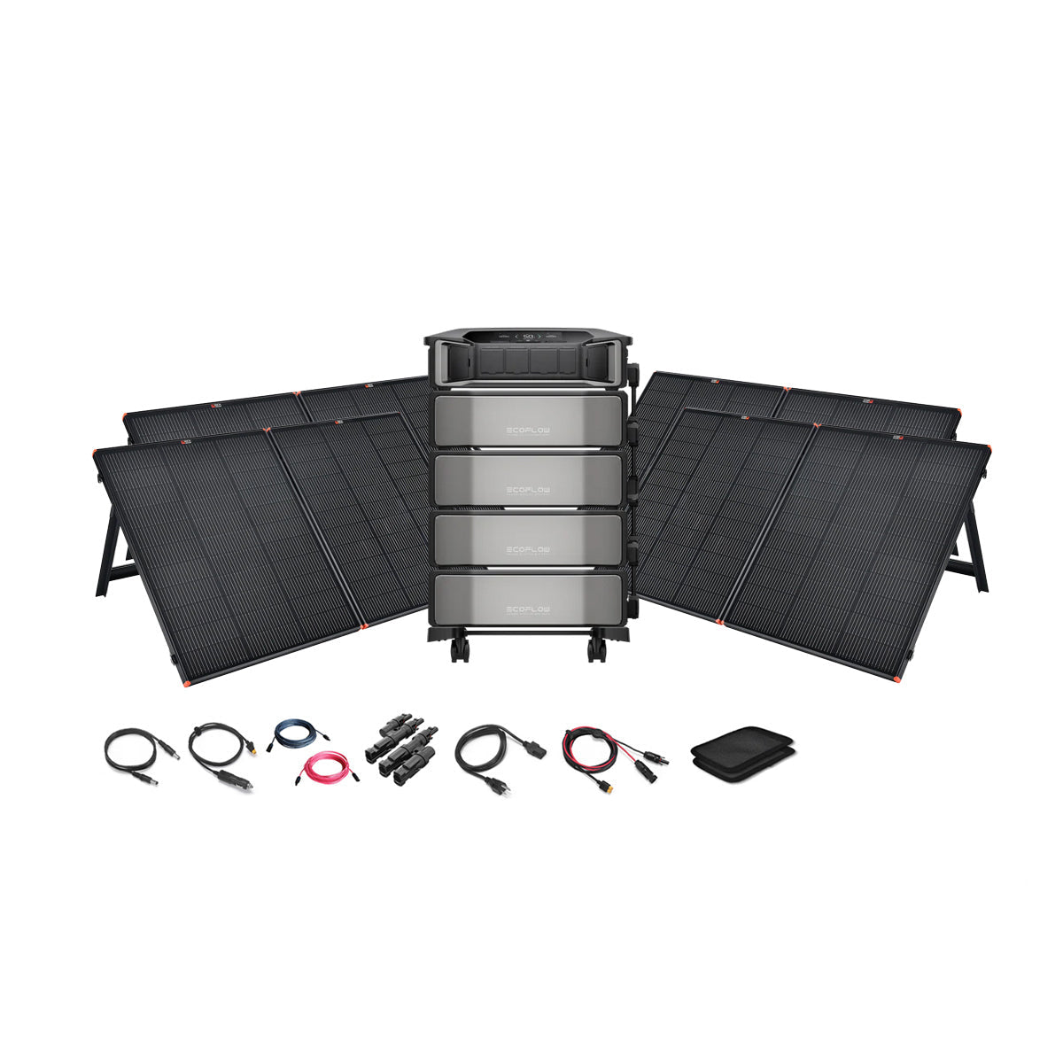 The EcoFlow DELTA Pro Ultra 7,200W 24,000Wh Portable Power Station + 12V Portable Solar Panels Kit by Ecoflow includes foldable panels, a high-capacity battery unit, cables, controller with display, and pouch—perfect for backup or off-grid power.