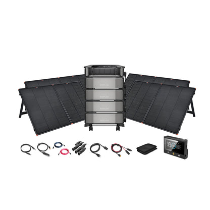 The EcoFlow DELTA Pro Ultra 7,200W 24,000Wh Portable Power Station + 12V Portable Solar Panels Kit by Ecoflow includes foldable panels, a high-capacity battery unit, cables, controller with display, and pouch—perfect for backup or off-grid power.