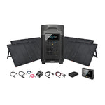 The Ecoflow Delta Pro Solar Generator is displayed with a digital screen before four foldable solar panels, surrounded by cables, connectors, and a compact carrying pouch—offering convenient portable power.