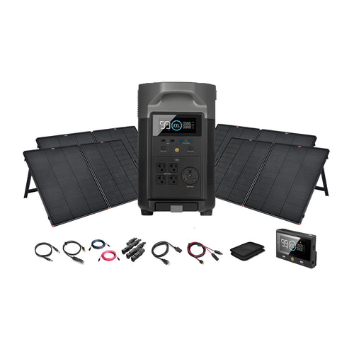 The Ecoflow Delta Pro Solar Generator is displayed with a digital screen before four foldable solar panels, surrounded by cables, connectors, and a compact carrying pouch—offering convenient portable power.