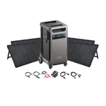 The Anker SOLIX F3800 portable power station, featuring a display and various outlets, is displayed in front of three unfolded Anker Portable Solar Panels with assorted charging cables and connectors arranged neatly in front.
