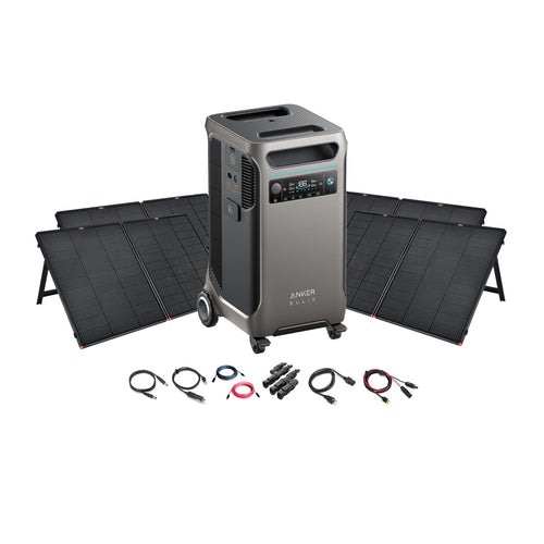 The Anker SOLIX F3800 portable power station, featuring a display and various outlets, is displayed in front of three unfolded Anker Portable Solar Panels with assorted charging cables and connectors arranged neatly in front.