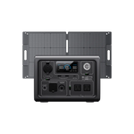 The Bluetti portable power station with a LiFePO4 battery, digital display, and multiple ports is displayed in front of a foldable solar panel, both featuring a sleek black design.