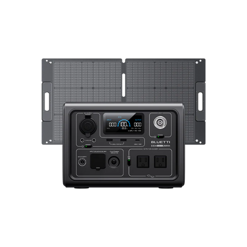 The Bluetti portable power station with a LiFePO4 battery, digital display, and multiple ports is displayed in front of a foldable solar panel, both featuring a sleek black design.
