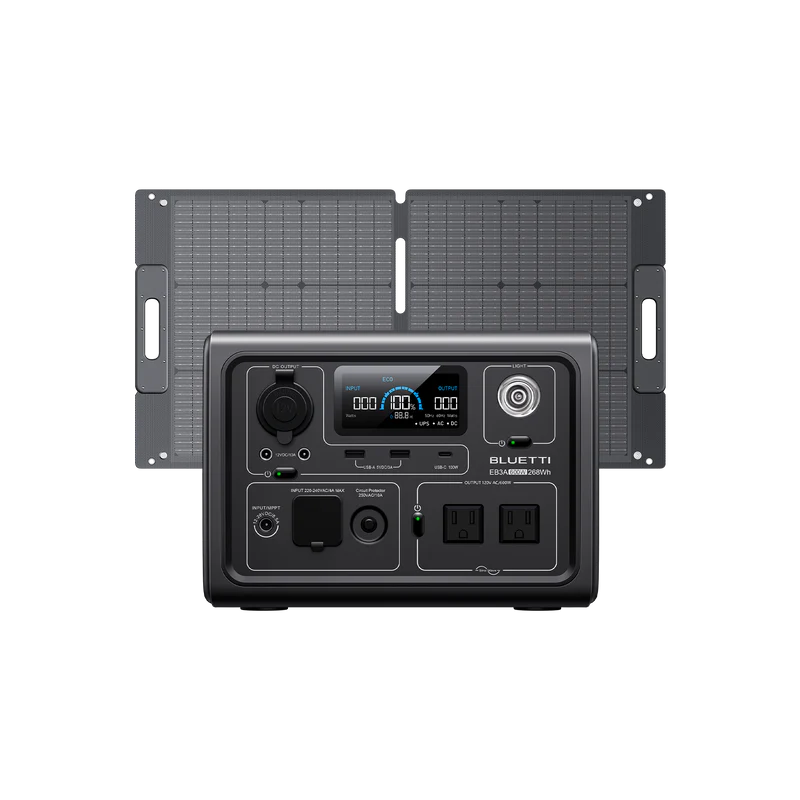 The Bluetti portable power station with a LiFePO4 battery, digital display, and multiple ports is displayed in front of a foldable solar panel, both featuring a sleek black design.