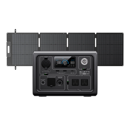 A Bluetti portable power station with a LiFePO4 battery, multiple ports, and an LCD screen is displayed in front of four connected Bluetti solar panels.