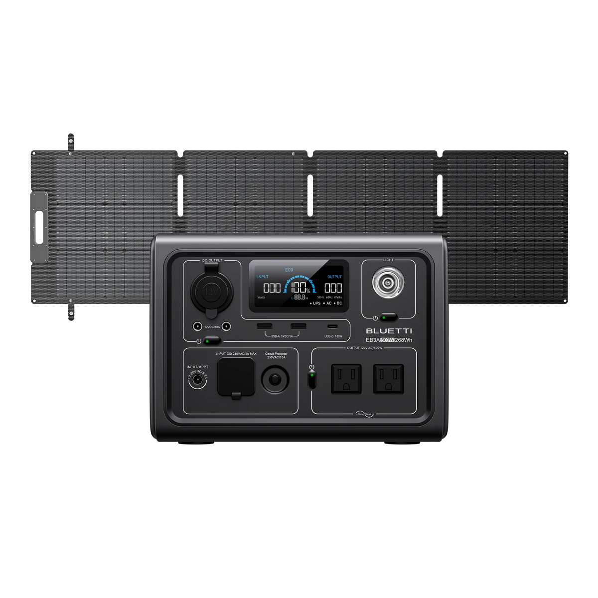 A Bluetti portable power station with a LiFePO4 battery, multiple ports, and an LCD screen is displayed in front of four connected Bluetti solar panels.