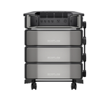 The Ecoflow DELTA Pro Ultra stackable portable power station features three battery units, a front view with multiple power outlets, and a sleek black and silver design—ideal for emergency preparedness with expandable capacity.