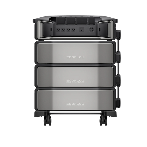 The Ecoflow DELTA Pro Ultra stackable portable power station features three battery units, a front view with multiple power outlets, and a sleek black and silver design—ideal for emergency preparedness with expandable capacity.
