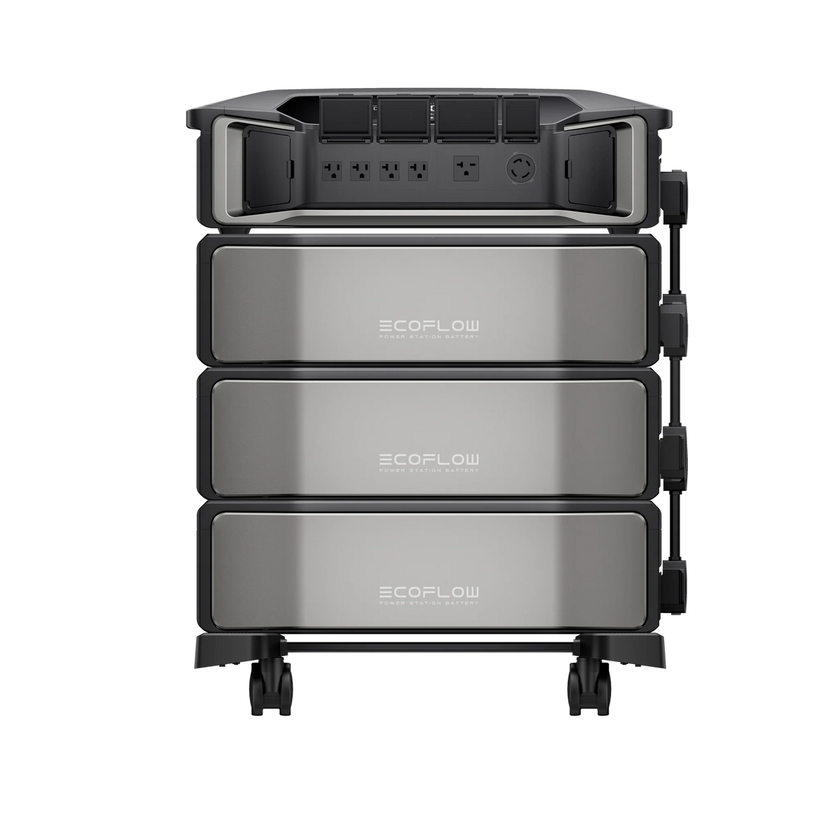 The Ecoflow DELTA Pro Ultra stackable portable power station features three battery units, a front view with multiple power outlets, and a sleek black and silver design—ideal for emergency preparedness with expandable capacity.