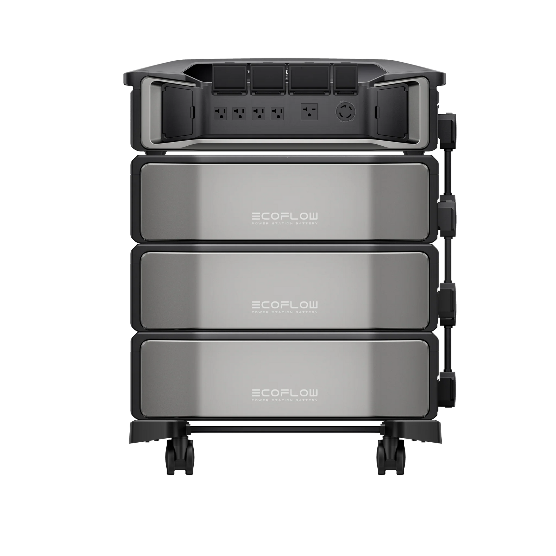 A front view of the EcoFlow DELTA Pro Ultra 7,200W 18,000Wh Portable Power Station Kit shows three stacked battery modules and multiple outlets on the top panel.