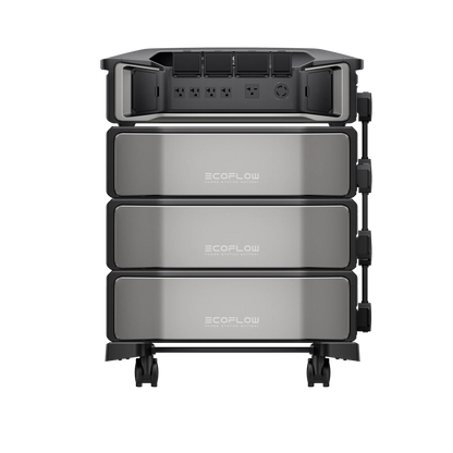 A front view of the EcoFlow DELTA Pro Ultra 7,200W 18,000Wh Portable Power Station Kit shows three stacked battery modules and multiple outlets on the top panel.