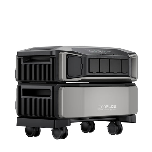 The Ecoflow DELTA Pro Ultra is a portable solar power station in sleek black and gray with multiple front outlets and four wheels for easy mobility—perfect for off-grid power systems.