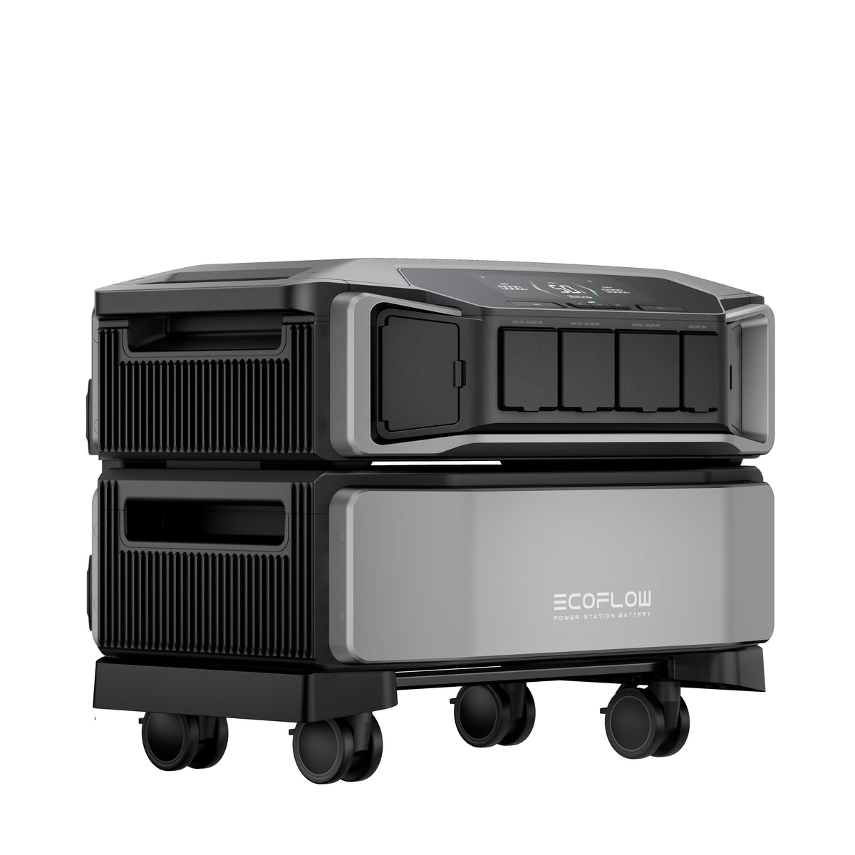The Ecoflow DELTA Pro Ultra is a portable solar power station in sleek black and gray with multiple front outlets and four wheels for easy mobility—perfect for off-grid power systems.