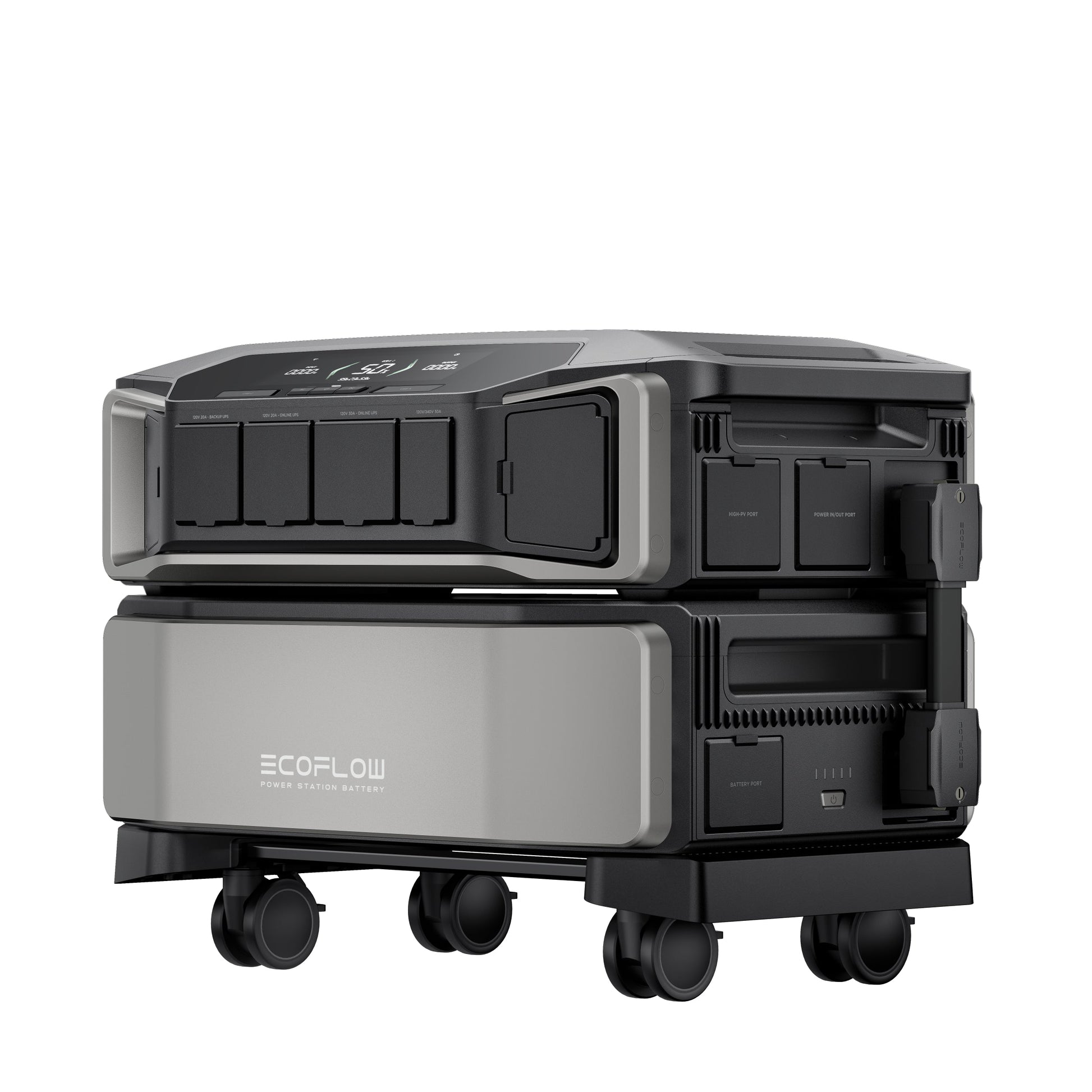 The EcoFlow DELTA Pro Ultra is a portable power station with multiple outlets and ports, stacked on a wheeled base for easy mobility. Its sleek black and silver design makes it ideal for off-grid energy needs.