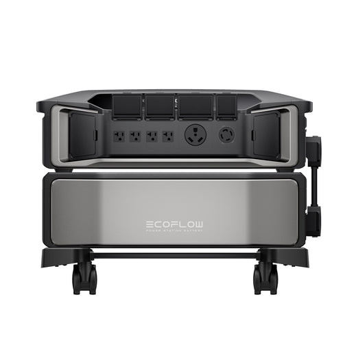 Front view of an EcoFlow DELTA Pro Ultra portable power station by Ecoflow, featuring multiple outlets, USB ports, a handle, and wheels for portability—ideal for emergency preparedness with expandable battery capacity.