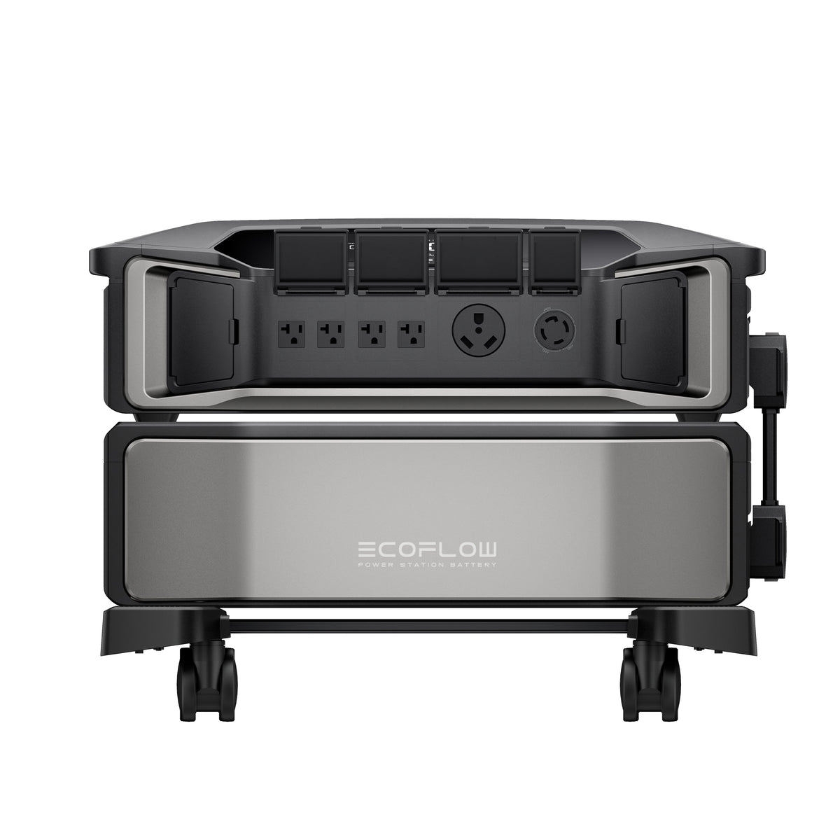 Front view of an EcoFlow DELTA Pro Ultra portable power station by Ecoflow, featuring multiple outlets, USB ports, a handle, and wheels for portability—ideal for emergency preparedness with expandable battery capacity.