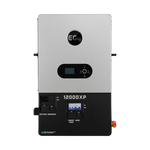 Front view of a silver and black EG4 12000XP MPPT inverter with display, control buttons, labeled ports, and the EG4 logo on top—engineered for seamless integration with EG4 PowerPro batteries.