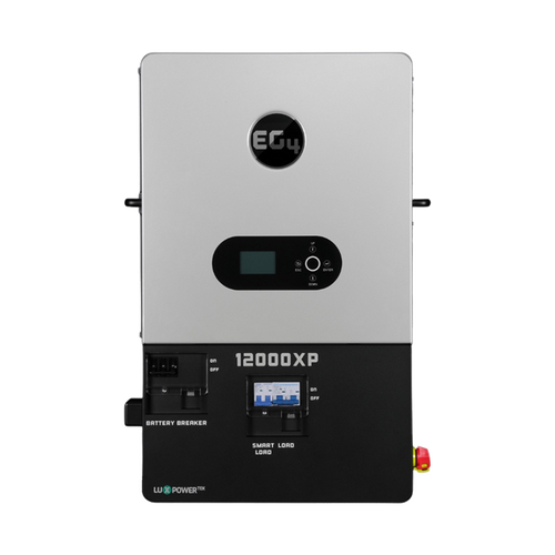 Front view of a silver and black EG4 12000XP MPPT inverter with display, control buttons, labeled ports, and the EG4 logo on top—engineered for seamless integration with EG4 PowerPro batteries.