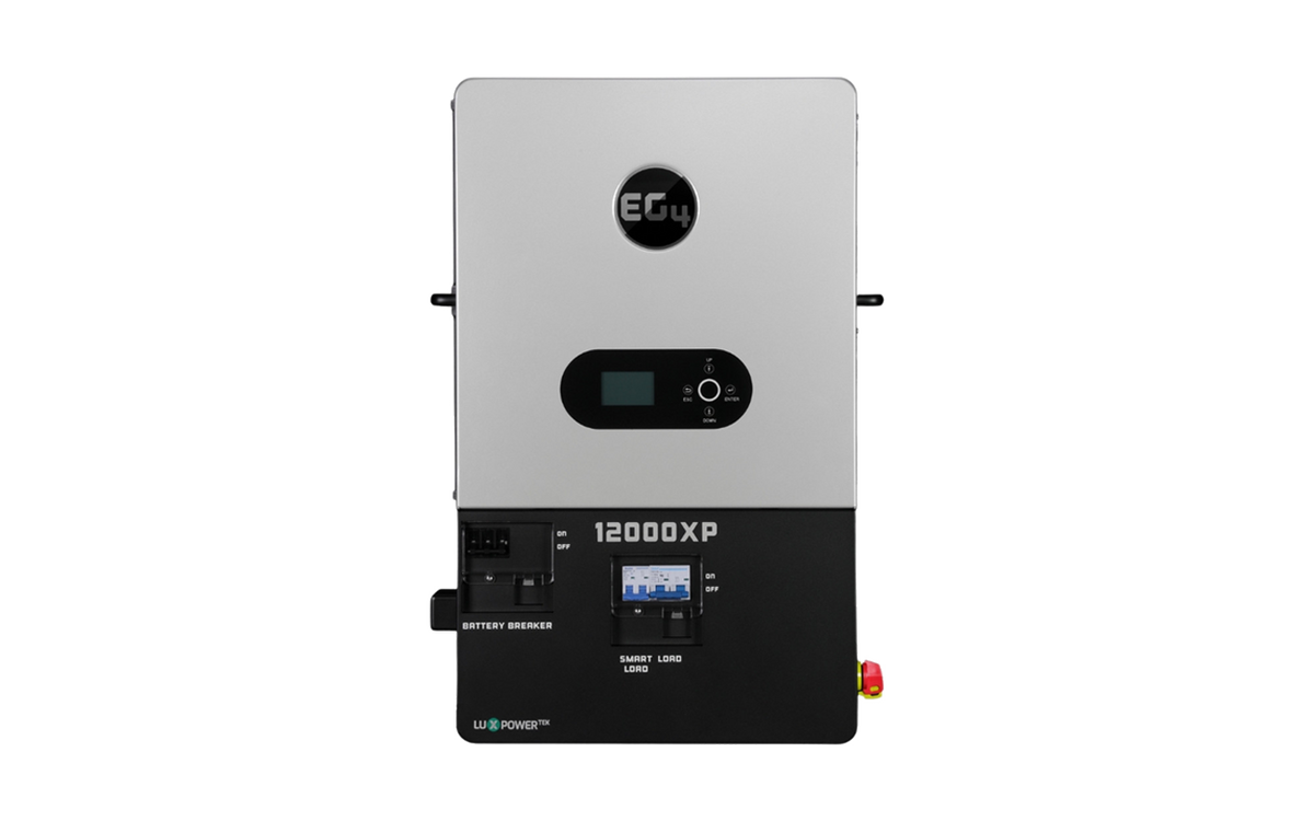 Front view of a silver and black EG4 12000XP MPPT inverter with display, control buttons, labeled ports, and the EG4 logo on top—engineered for seamless integration with EG4 PowerPro batteries.