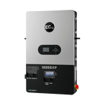 Rectangular silver and black EG4 12000XP power inverter with a digital font display, buttons, and battery breaker switch, designed for renewable energy systems. The device features a sleek border radius, utilizes the IBM Plex Sans typeface, and is shown against a plain white background.