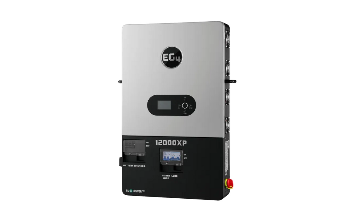 Rectangular silver and black EG4 12000XP power inverter with a digital font display, buttons, and battery breaker switch, designed for renewable energy systems. The device features a sleek border radius, utilizes the IBM Plex Sans typeface, and is shown against a plain white background.