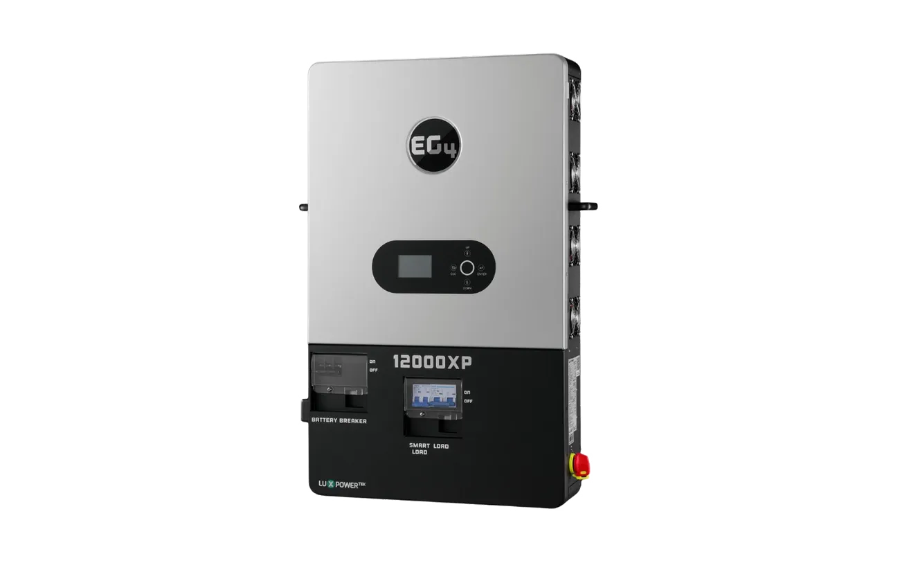 Rectangular silver and black EG4 12000XP power inverter with a digital font display, buttons, and battery breaker switch, designed for renewable energy systems. The device features a sleek border radius, utilizes the IBM Plex Sans typeface, and is shown against a plain white background.