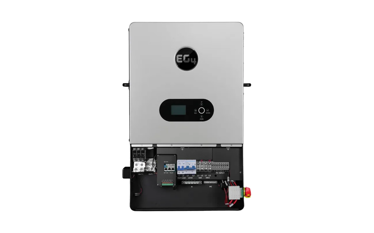 An EG4-brand silver inverter features the EG4 logo on the front, a compact display in sleek IBM Plex Sans font, and buttons alongside exposed electrical connections and components at the bottom. Smooth border radius edges complete its modern design.