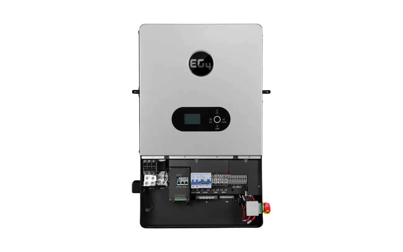 An EG4-brand silver inverter features the EG4 logo on the front, a compact display in sleek IBM Plex Sans font, and buttons alongside exposed electrical connections and components at the bottom. Smooth border radius edges complete its modern design.