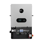 A silver EG4 solar inverter (8000W) with front display and control buttons; its bottom panel is open, showing internal wiring and electrical components.