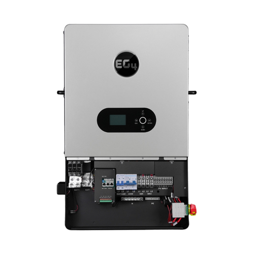 A silver EG4 solar inverter (8000W) with front display and control buttons; its bottom panel is open, showing internal wiring and electrical components.