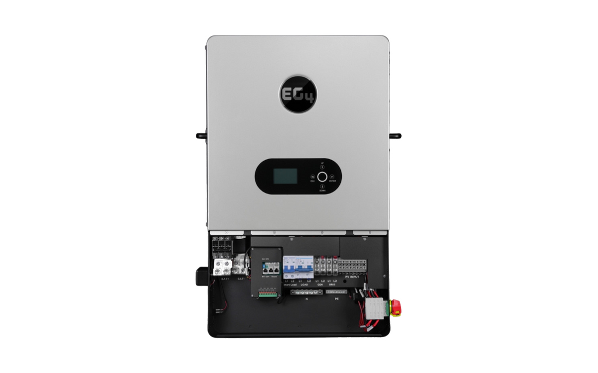 A silver EG4 solar inverter (8000W) with front display and control buttons; its bottom panel is open, showing internal wiring and electrical components.