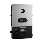 A rectangular silver and black EG4 inverter labeled 12000XP with a small font display in IBM Plex Sans, featuring control buttons, indicator lights, and a sleek border radius on the front panel.