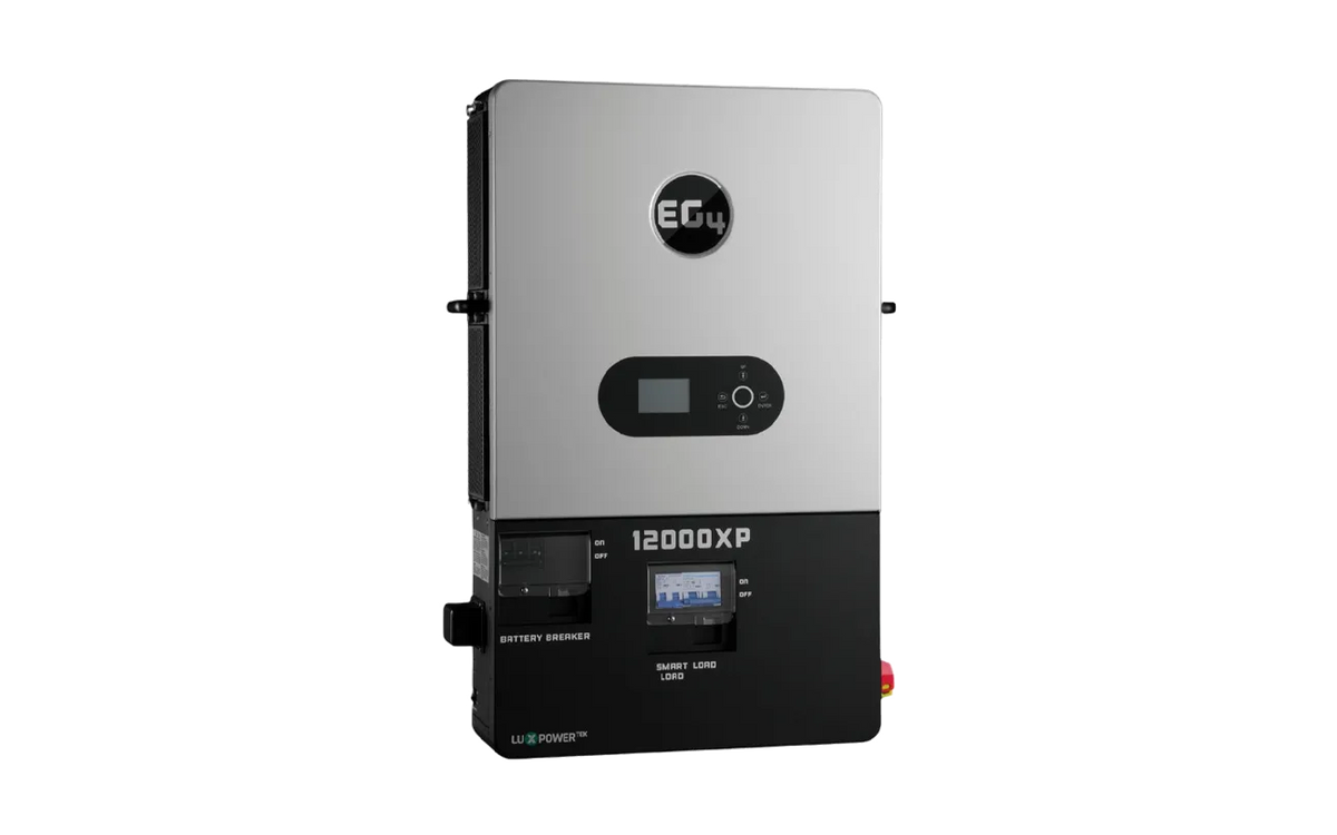 A rectangular silver and black EG4 inverter labeled 12000XP with a small font display in IBM Plex Sans, featuring control buttons, indicator lights, and a sleek border radius on the front panel.