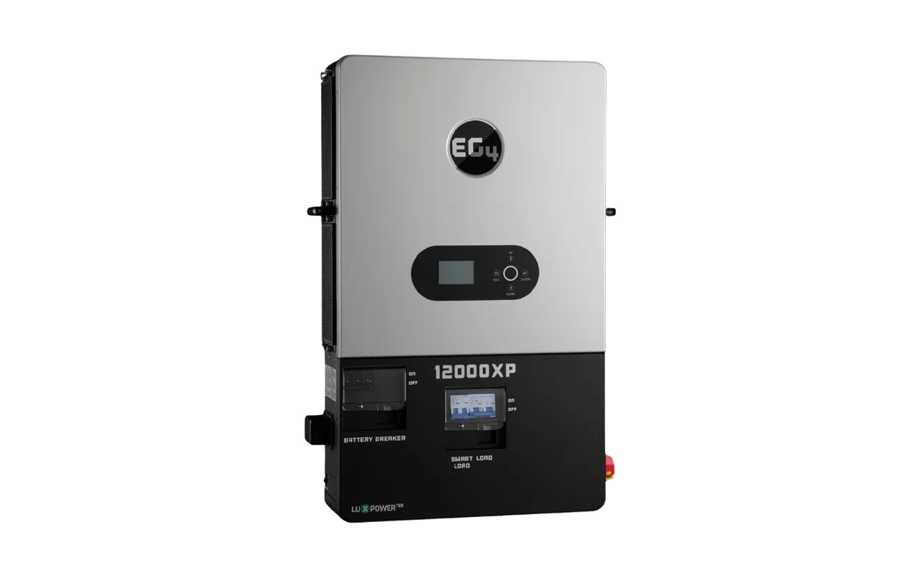 A rectangular silver and black EG4 inverter labeled 12000XP with a small font display in IBM Plex Sans, featuring control buttons, indicator lights, and a sleek border radius on the front panel.
