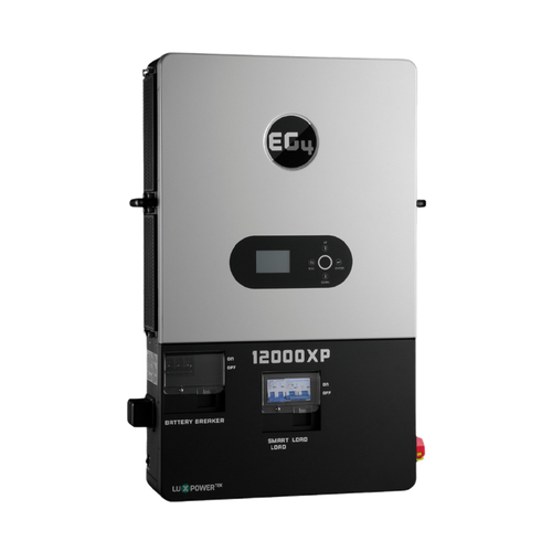 A rectangular, wall-mounted EG4 electrical inverter featuring display screens, buttons, and ports on the front—ideal for off-grid power and dependable energy storage.