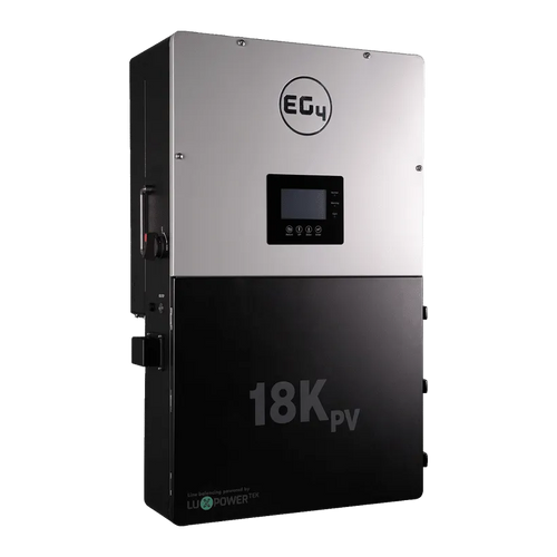 The EG4 inverter is a silver and black rectangular device labeled 18K PV with a display and buttons, designed for power or solar energy management—ideal for off-grid ESS system setups.