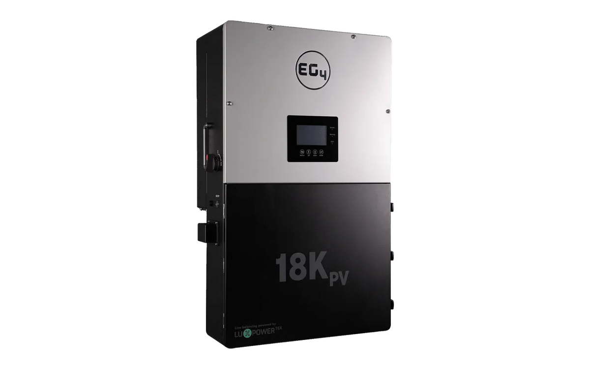 The EG4 inverter is a silver and black rectangular device labeled 18K PV with a display and buttons, designed for power or solar energy management—ideal for off-grid ESS system setups.