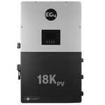The EG4 18K PV solar inverter, in black and silver, features a digital display, control buttons, and EG4 branding. Designed for advanced energy management, it enables remote monitoring from the front panel.