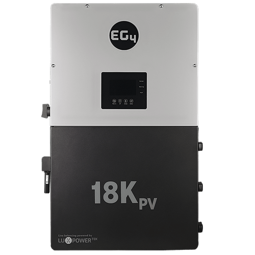 The EG4 18K PV solar inverter, in black and silver, features a digital display, control buttons, and EG4 branding. Designed for advanced energy management, it enables remote monitoring from the front panel.