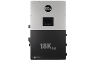 The EG4 18K PV solar inverter, in black and silver, features a digital display, control buttons, and EG4 branding. Designed for advanced energy management, it enables remote monitoring from the front panel.