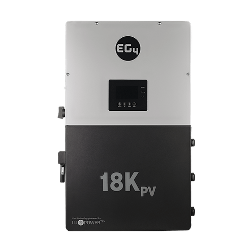 A rectangular 18K PV solar inverter in black and white with a digital display and the BigBattery logo on top. Perfect for residential energy storage, with 18K PV and LUXPOWER branding on the lower section.